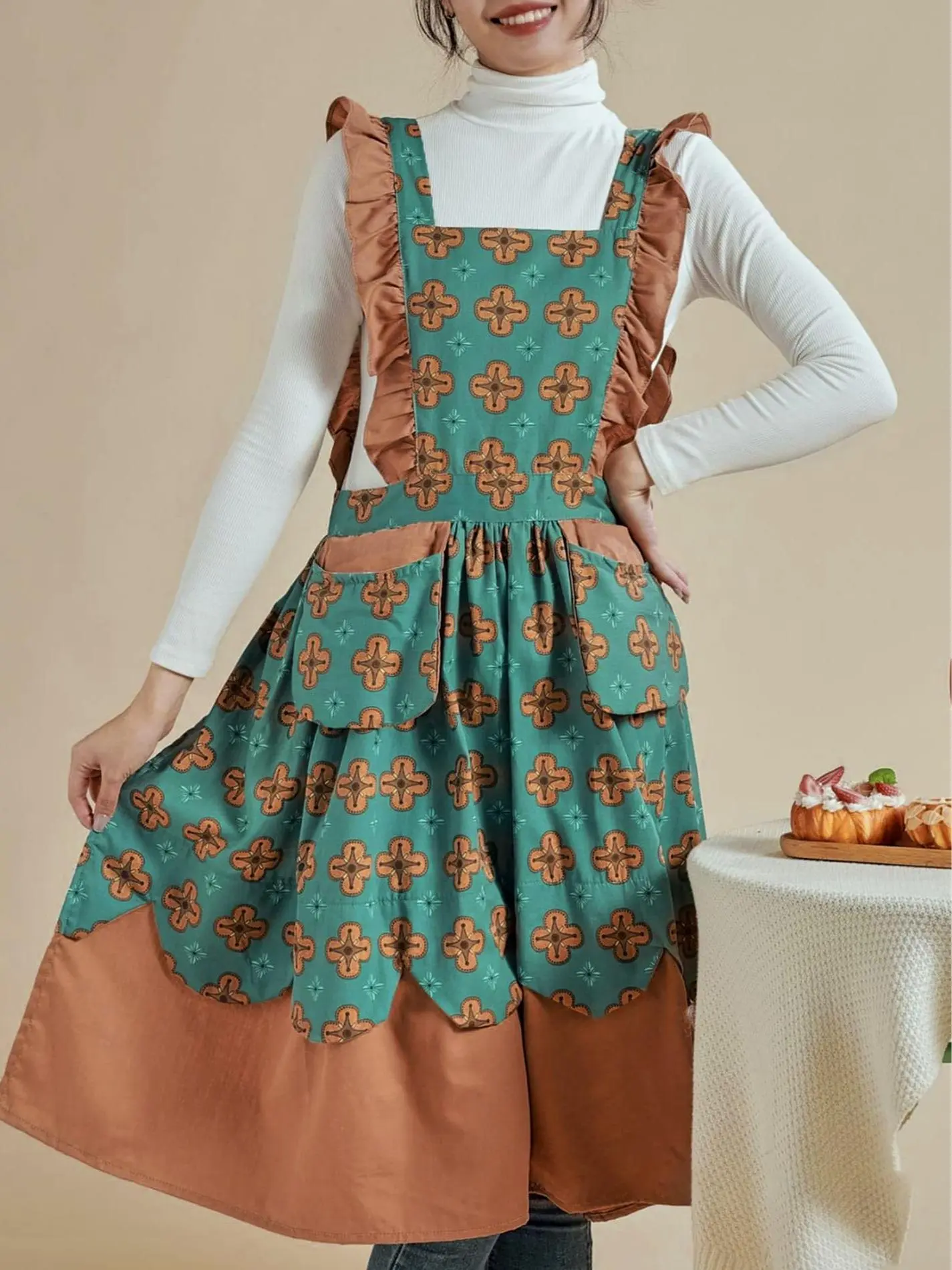 2026 Vintage Floral Apron Dress for Women, Cute Kitchen Apron with Pockets for Cooking Baking Gardening Cleaning, Perfect for Holiday Party Birthday Housewarming Gift