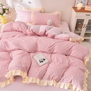 3Pcs Soft Washed fabric, Plaid Ruffled Decorative Bedding Set(including 1Pcs duvet cover and 2Pcs pillowcase, without padding), Comfortable, Skin friendly Suitable for Student Dormitory Bedrooms