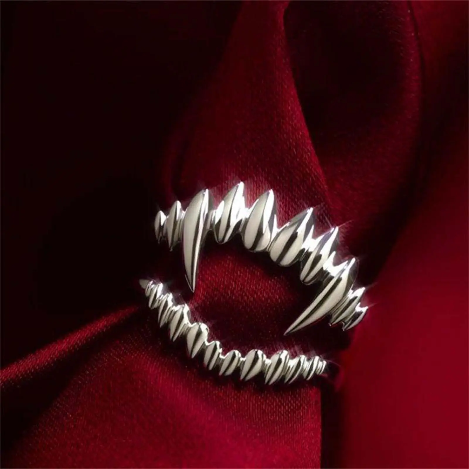 Silver Glossy Fang-Inspired Vampire Tooth Open Ring, Adjustable Unique Edgy Gothic Witchy Jewelry, Alternative Statement Ring for Edgy Fashion Enthusiasts, Rings, Unique Rings