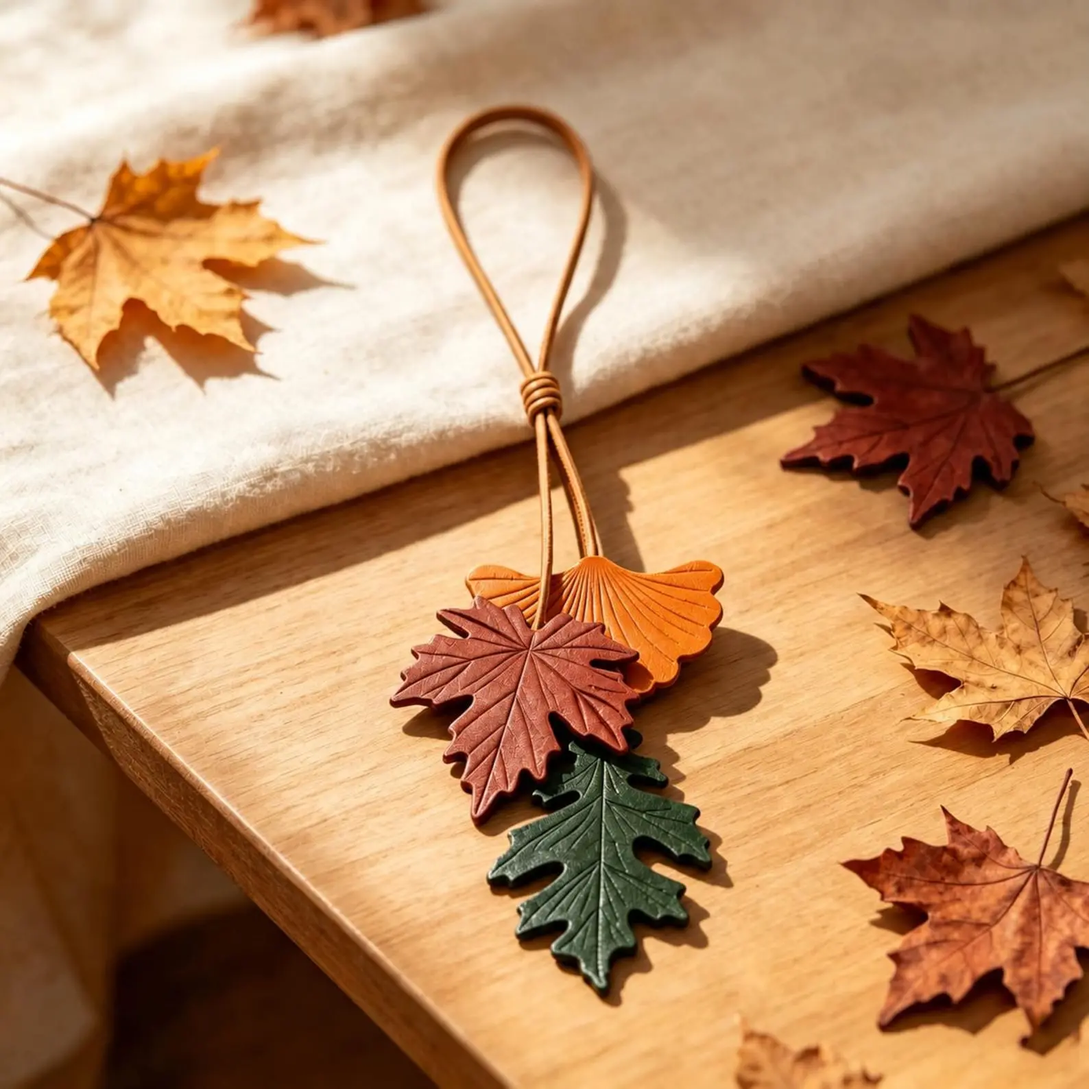 Leather Leaf Bag Charm, Autumn Maple Ginkgo Oak Keychain, Fall Purse Pendant, Leather Bag Accessory, Nature Inspired Gift for Her