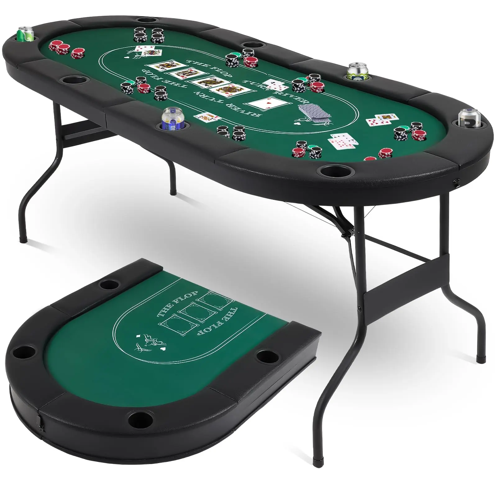 Poker Table Foldable, 8 Player Folding Poker Table, 72 Inch Texas Holdem Poker Tables, Portable Game Table with Cup Holders, Green Playing Cards Family Game