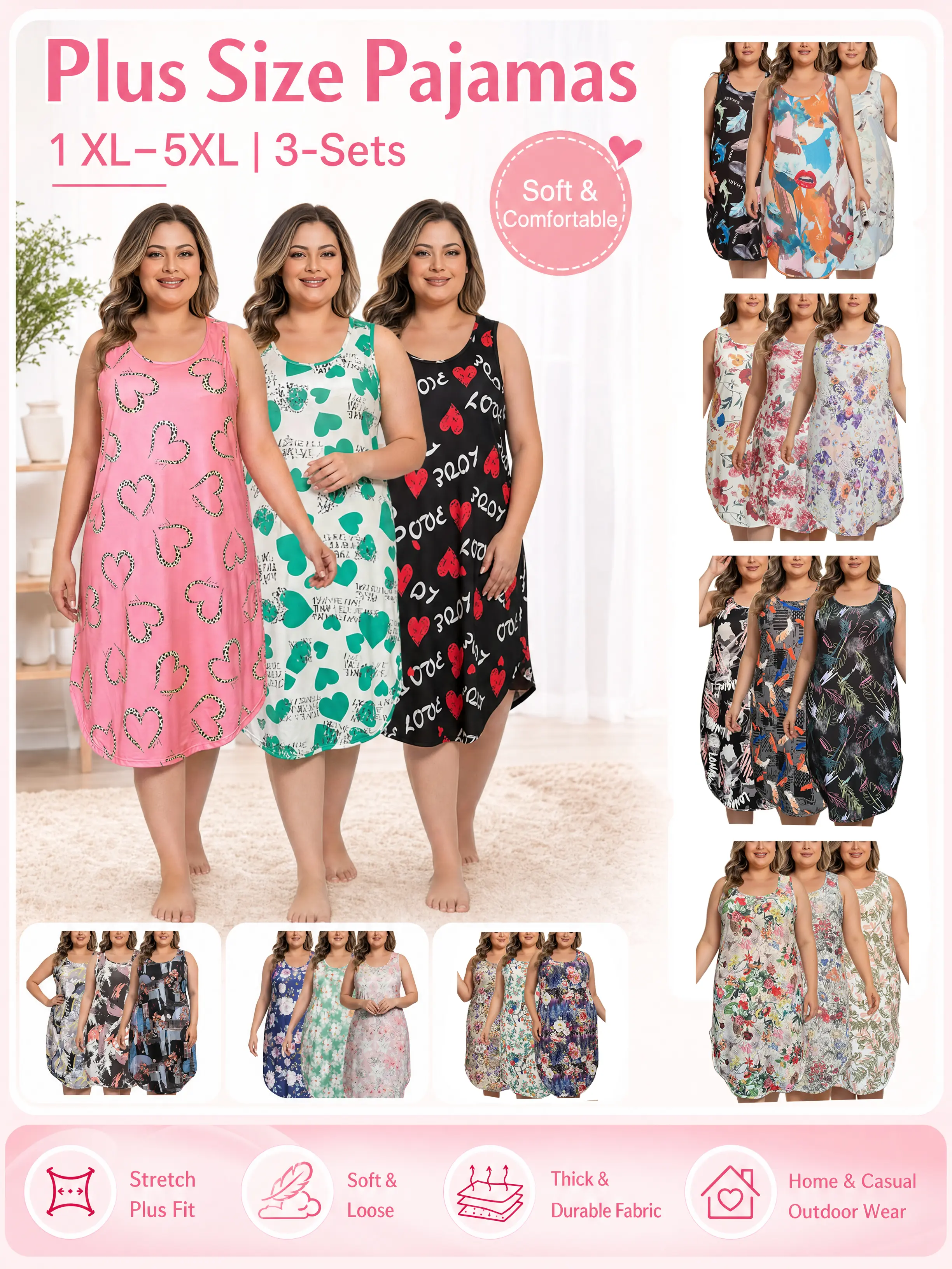 Freedom of Choice Plus Size 3-Pack Sleeveless Nightgowns | Comfy Tank Loungewear Sleep Dress 1XL-5XL Nightwear Womenswear