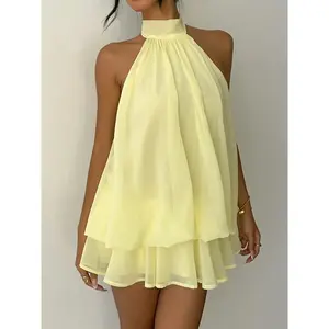 Sexy Solid Chiffon Mini Dress with Halter Neckline and Open Back, Ruffled Summer Beach Vacation Wear