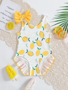 Baby girl summer round neck lemon pattern fresh and cute bow one-piece swimsuit style suitable for swimming classes at school, wearing for holidays, going out to the beach, vacation supplies, Gifts
