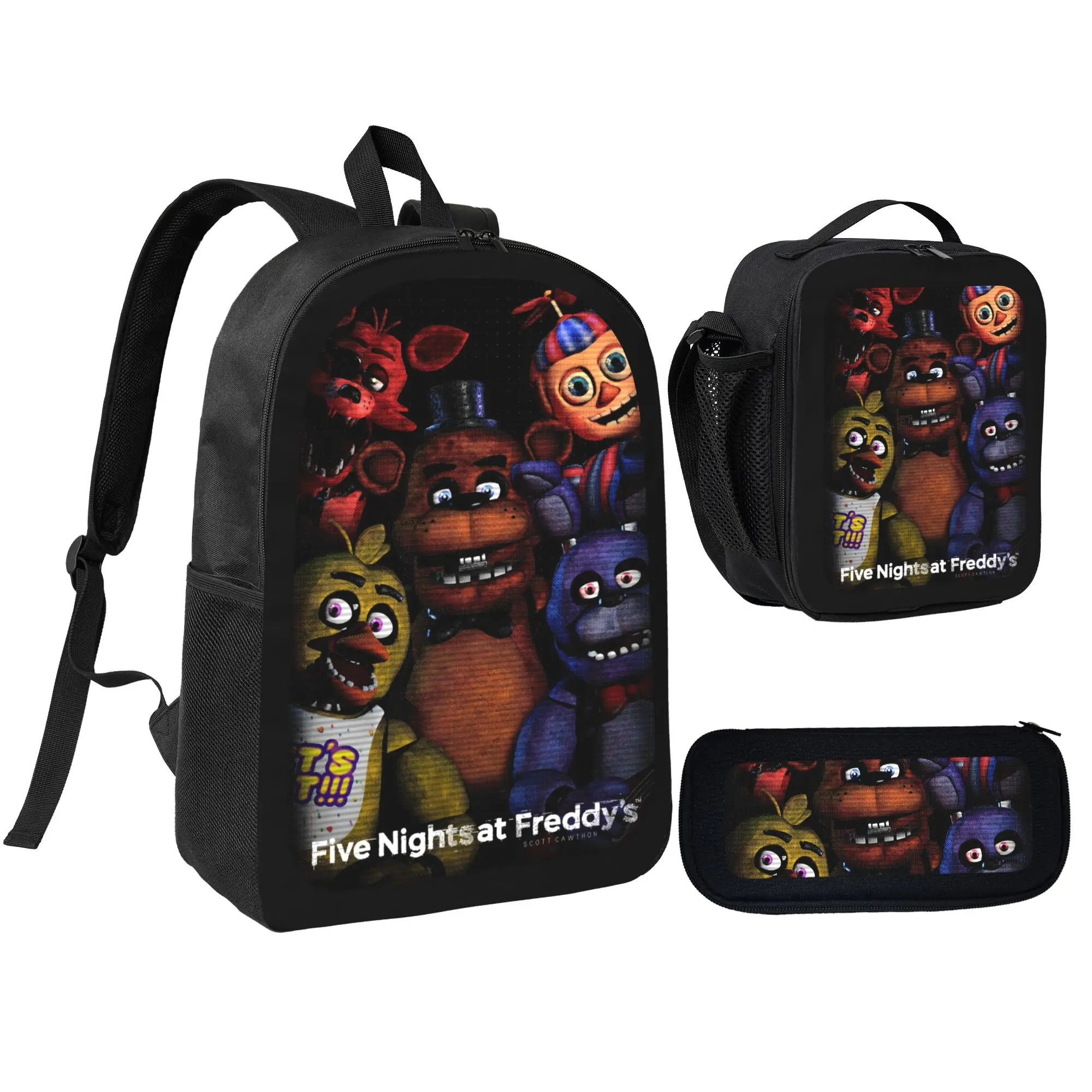 Five Nights at Freddy's 3-in-1 Backpack Set | FNAF Cartoon Printed School Bag, Insulated Lunch Box & Pencil Case Combo for Boys Girls, Back to School Essentials