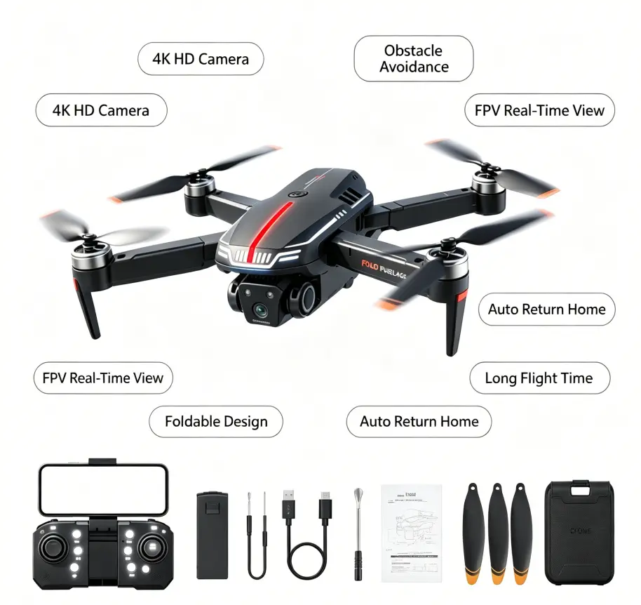 Foldable Remote Control Quadcopter Drone with 480P Camera, Gesture Control, 3D Flip, 1-Key Start, Emergency Stop, Batteries, Easy-to-Use Toy for Beginners, Grey