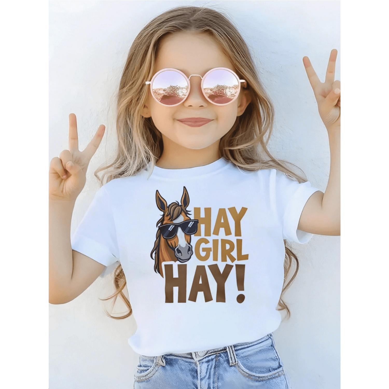 Kids' Cool Horse Print White T-Shirt | Crew Neck, Casual Tee, Medium Stretch Knit Fabric, Regular Fit for Boys & Girls Children, Alphabet Pattern, Perfect for Spring, Summer, Fall, Halloween, Thanksgiving, Valentine'S Day