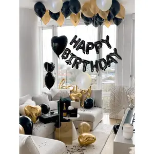 42Pcs 16-Inch Black "Happy Birthday" Letter Foil Balloons Set, Including Black, Gold foil balloon Decor party decoration birthday decoration