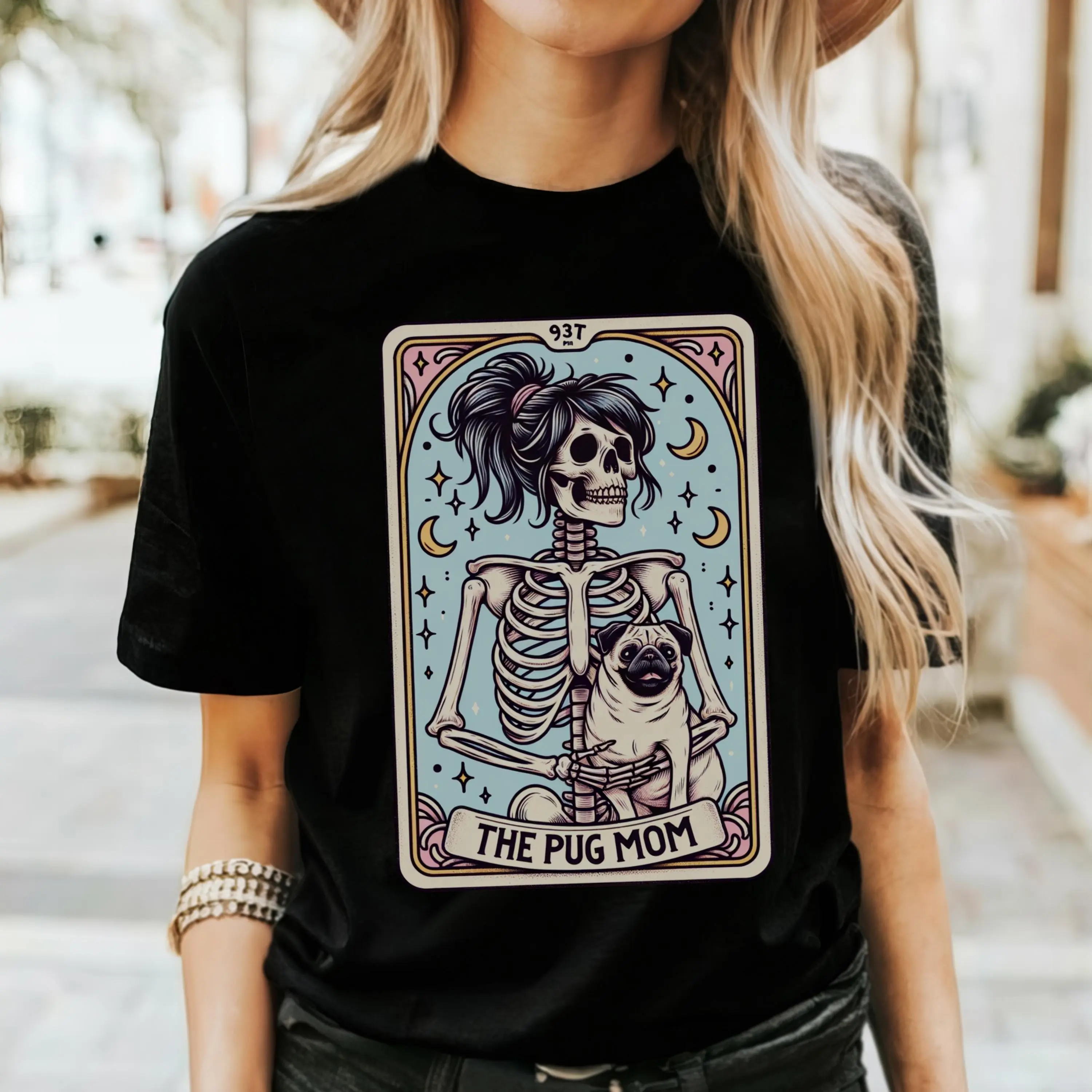Pug Shirt, Pug Mom Tarot Card T-shirt, Pug Gift, Halloween Dog Shirt, Skeleton Pug Mom Tee, Gift for Pug Lover Fit Print