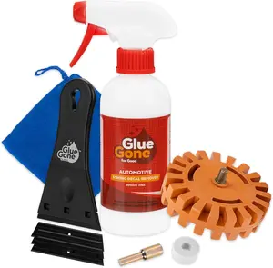 Perco Glue Gone Car Decal Removal Kit - 10-oz Adhesive Remover, Microfiber Cloth, Eraser Wheel, 3-inch Scraper with 3 Blades - For Cars, Automotive Surfaces