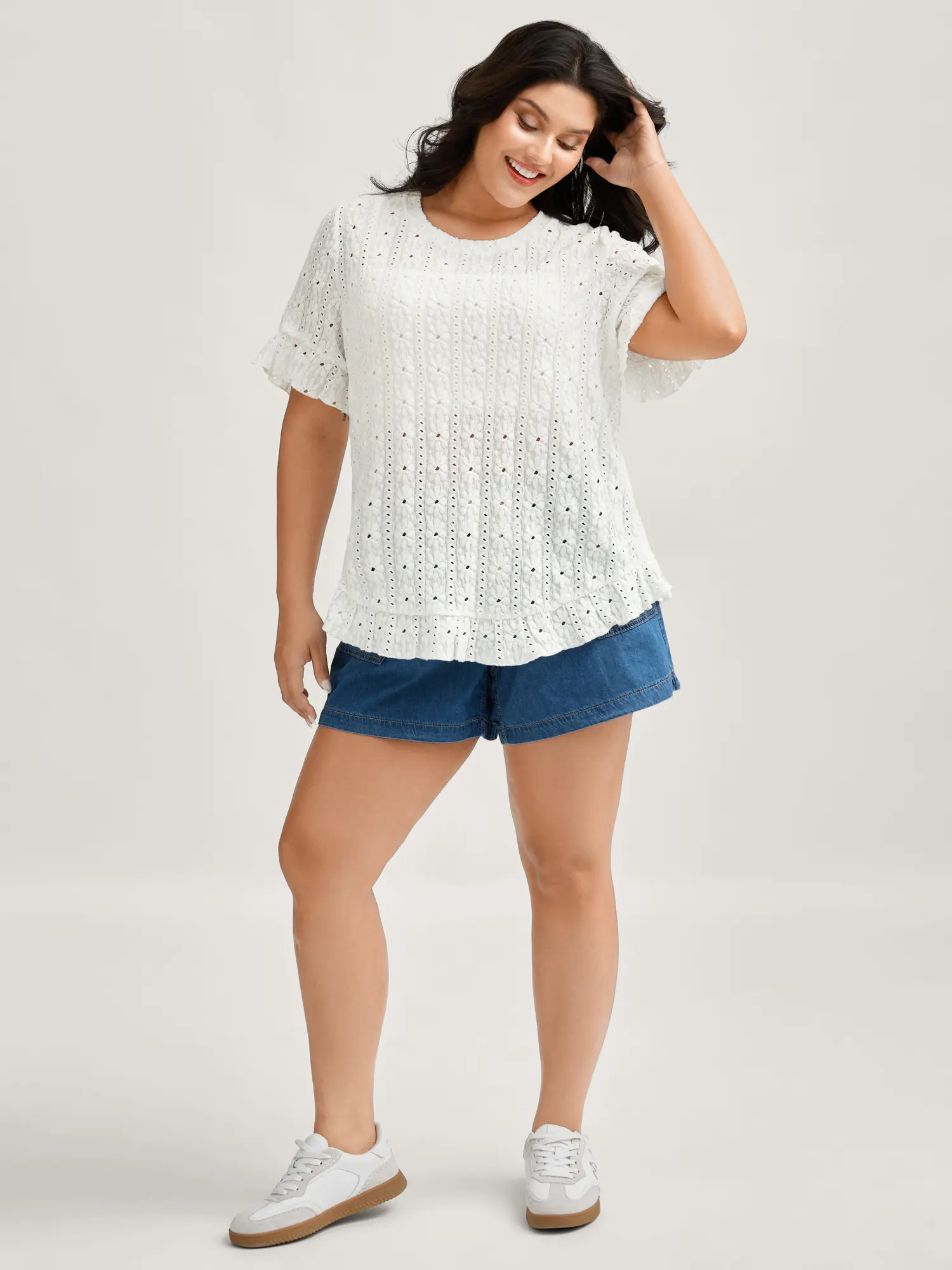 BloomChic Plus Size Maternity Floral Eyelet Bell Sleeve Tshirt, Fitted Cut with Ruffled Hem, Polyester Blend High-Stretch Fabric, Round Neck, Affordable Women's Maternity Clothing, See-Through Cut-Out Adds Airy Charm