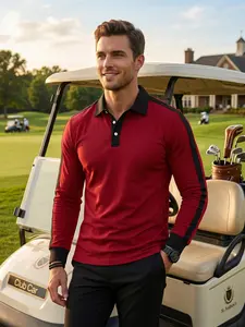 Men's fashionable red and black contrasting long-sleeved Polo shirt, simple design to create a casual image of a man, adult casual wear in four seasons, high-quality fabric texture, suitable for gift-giving tourism, Jeans, Polyester