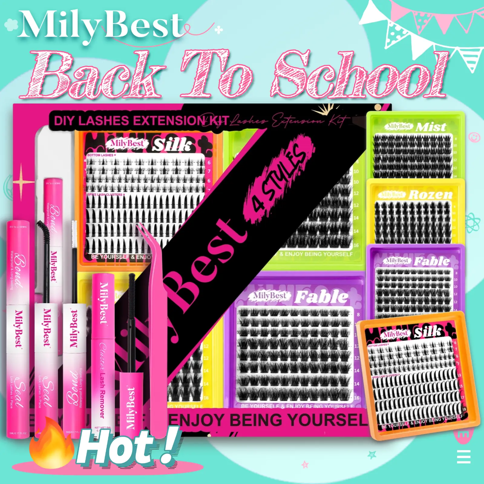 MilyBest 4-Style Mini Boxes DIY Lash Extension Kit - Eyelash Clusters, Mixed Length Individual Sets, Self-Grafting False Lashes with Tweezers, Glue & Remover, Women's Professional Makeup Products Set,back to school