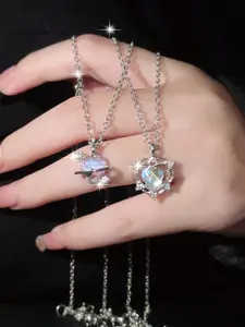 2pcs Elegant Fashion Heart Shaped Alloy Necklace, Moonstone & Rhinestone Decor Pendant Necklace, Fashion All-match Accessory, Trendy Accessories for Party and Daily Life without Box