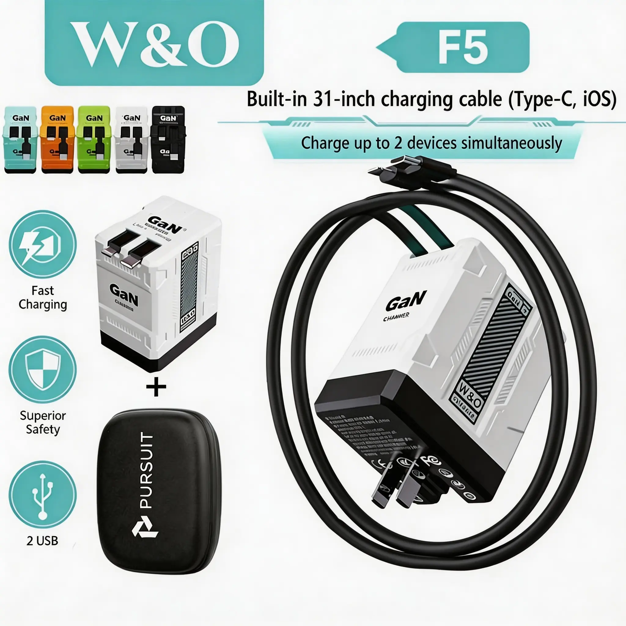 [US warehouse]W&O 4-in-1 GaN [Free storage bag included] Compatible 120W Fast Charger with Retractable Type-C & Lightning Cable - for iPhone, iPad, Apple Watch & More - compatible portable charger smart watch iphone charger phone Charger