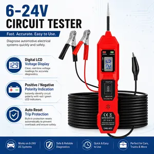 Automotive circuit tester, 6–24 V DC; electrical diagnostic probe tool with LCD voltage display; positive/negative polarity check; continuity tester; auto reset trip protection for vehicle circuit testing