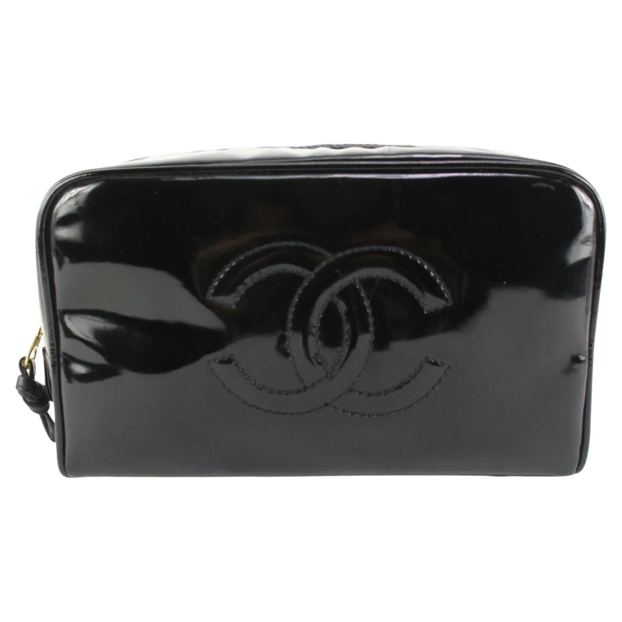 Pre-owned CHANEL Leather Small Leather Goods Authentic CC Patent Vanity Cosmetic Makeup Case Pouch Black Bag