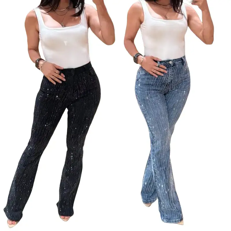 Abril Rhinestone Flare Jeans - High-waisted Stretch Fabric Sparkling Rhinestones Modern Stylish Look Versatile Casual Formal Wear