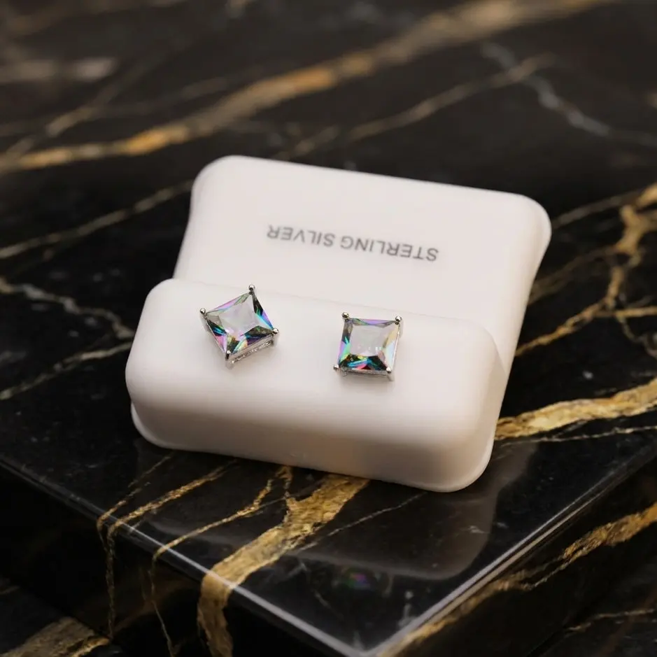 Mystic Topaz Cz Earrings Square Princess Cut 925 Sterling Silver