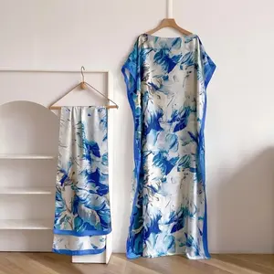 Boho Blue & White Abstract Print Kaftan and Scarf Set - 1 Size, Soft Flowy Sun Defense Bathing Suit Cover, Beach Outdoor Wear Swimwear Coverup for Vacation tiktokshopspringglowup