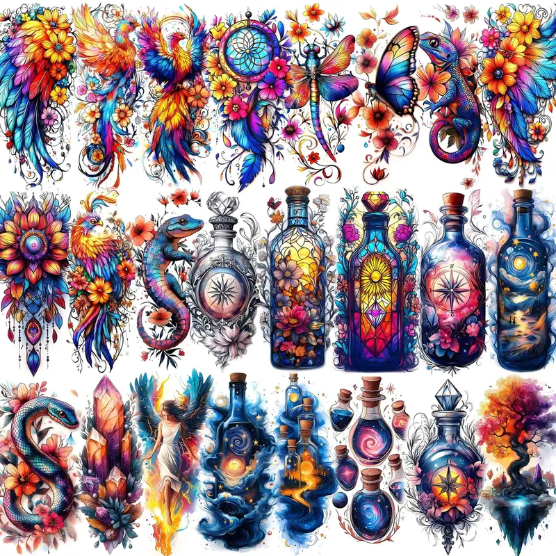 GLARYYEARS 24-Pack Half Sleeve Temporary Tattoos for Women Adults - Watercolor Phoenix, Butterflies, Magic Bottles & Flowers - Waterproof Long Lasting Fake Tattoos for Festival, Beach, Party Girls