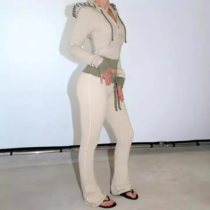 Women's Waist Knit Hoodie Set with Slim Fit Fitness Pants and Casual Long Pants
