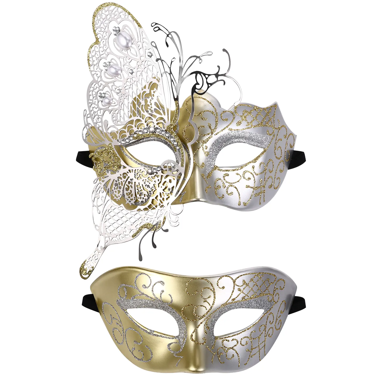 OIDEA 2-Piece Venetian Couples’ Half-Face Masquerade Mask Set, White Gold Butterfly Rhinestone Design, Shiny Lightweight Comfortable Photo Accessory for Halloween, Wedding, Fashion Accessories,summerwins
