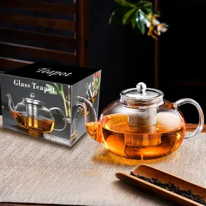 Teapot（20OZ), glass teapot with filter, glass teapot, thick-walled household stainless steel flower teapot, tea and water separation teapot