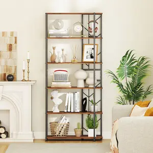 COSTWAY - 6-Tier Bookshelf Modern Geometric Bookcase with Heavy-duty Metal Frame and Anti-tipping Kits-Rustic Brown