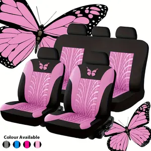 YASEENLIN Butterfly Bronzing Car Seat Covers 5-seat full set Durable Polyester Mesh Set Universal Fit Easy Install Pink Color Protective Fitting for Enthusiasts