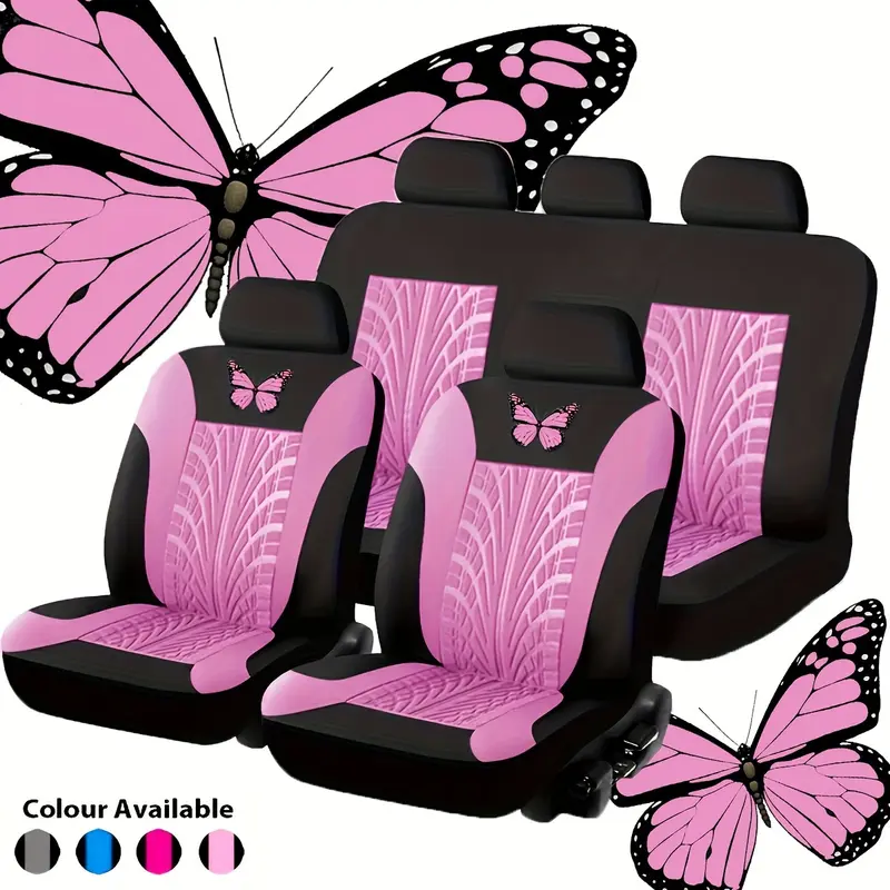 YASEENLIN Butterfly Bronzing Car Seat Covers 5-seat full set Durable Polyester Mesh Set Universal Fit Easy Install Pink Color Protective Fitting for Enthusiasts