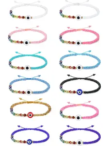 12Pcs Colorful Beaded Evil Eye Bracelets for Women Men Handmade Black Red Adjustable Ojo Bracelets Good Luck Protection Bracelet Jewelry Gift for Friends Family