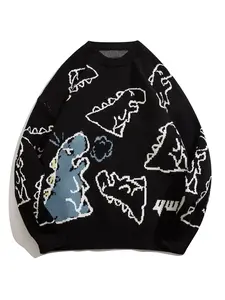 YWFG Unisex Casual Loose Fit Sweater - Black with Blue Dinosaur & Cloud Design, Long Sleeve Round Neck Pullover for Men & Women, Cozy Fall/Winter Knitwear, Dinosaur Clothes, Fall Winter Apparel, Playful Graphic Design, Comfor