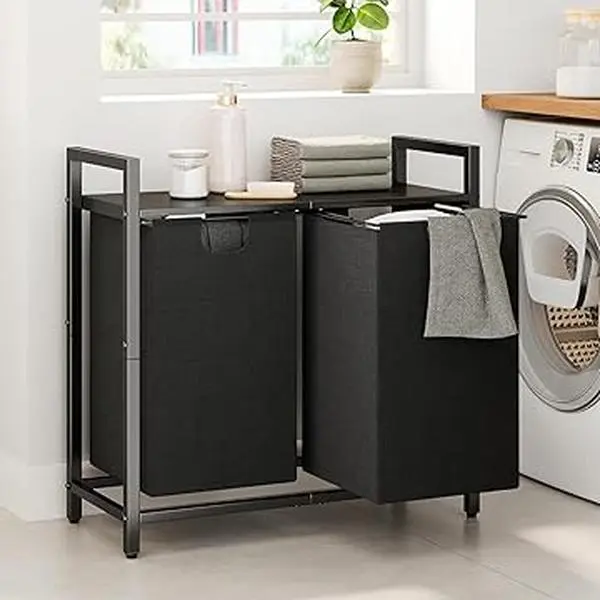 Kitstorack Laundry Basket Organizer - Hamper with Shelf & 2 Pull-Out Removable Bags, 2 x 11.8 Gal (44.5L) for Laundry Room, Bathroom