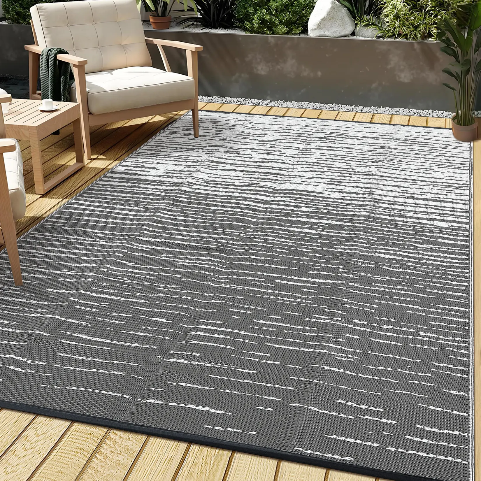 Waterproof Outdoor Patio Rug, Reversible Plastic Straw Mat for Camping, RV, Deck, Balcony, Backyard - UV Resistant, Modern Abstract Design