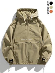 men's letter print drawstring pocket half zipper hooded jacket, regular fit windbreaker jackets, casual long sleeve windproof outerwear for fall & winter, coat, hoodie for men, men's clothes for daily wear, jackets for men