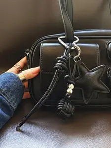 Star Woven Rope Keychain, Bag Charm Keychain, Pentagram Bag Pendant, Black, Silver, Pu Leather Rope Woven Pendant, Suitable For Keychain, Bag Decoration, Holiday Gifts, Personalized Accessories, Keychain For Bags