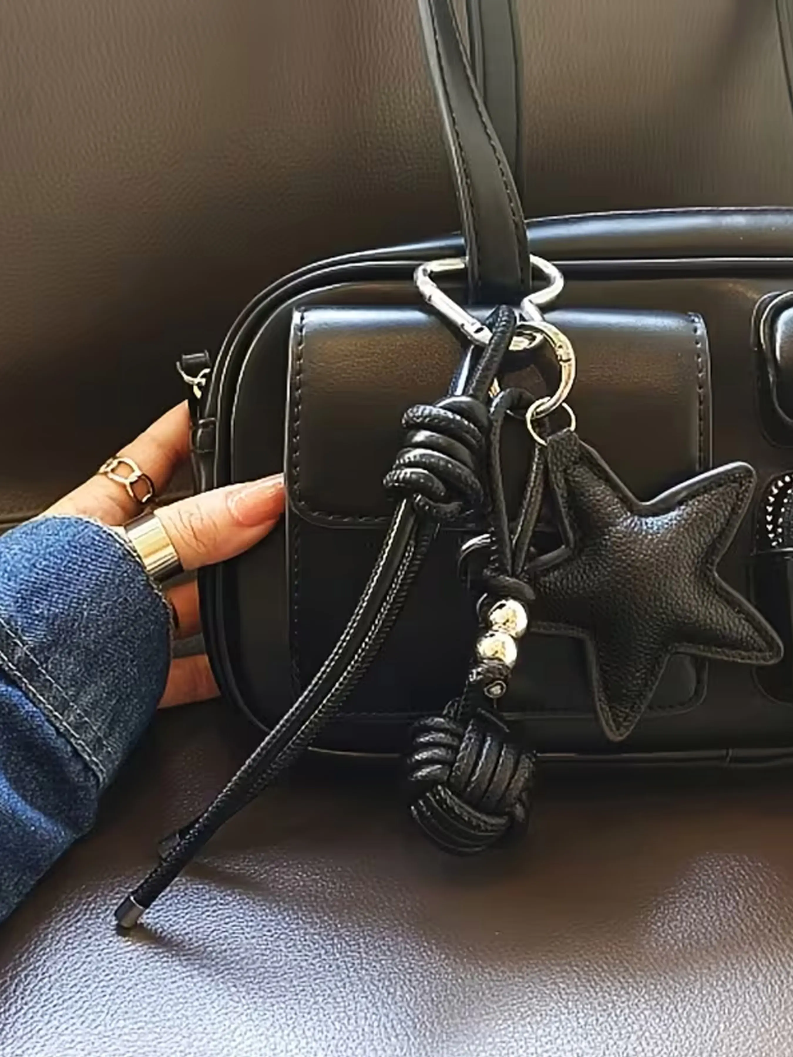 Star Woven Rope Keychain, Bag Charm Keychain, Pentagram Bag Pendant, Black, Silver, Pu Leather Rope Woven Pendant, Suitable For Keychain, Bag Decoration, Holiday Gifts, Personalized Accessories, Keychain For Bags