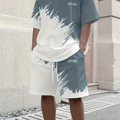 Men's Casual Sport Set Oversized Baggy Breathable Outdoor Tee and Shorts, 3D Print, Summer Fashion, Round Neck, Tropical Style, Perfect for Travel and Fitness