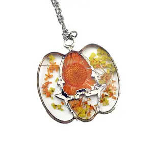 Silver Jack-O-Lantern Necklace,  Real Pressed Flowers, Pumpkin Pendant, Stainless Steel, Halloween Necklace, Autumn Theme, Fall Necklace