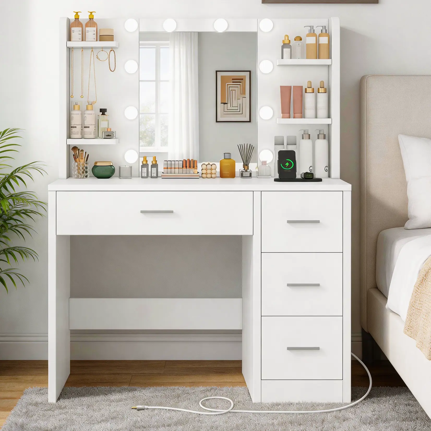 Vanity Desk with Mirror and Lights, Makeup Vanity with Power Outlet and 4 Drawers & 6 Shelves, 3 Color Modes & Adjustable Brightness, White Vanity for Bedroom