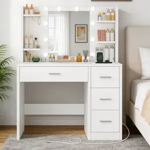 Vanity Desk with Mirror and Lights, Makeup Vanity with Power Outlet and 4 Drawers & 6 Shelves, 3 Color Modes & Adjustable Brightness, White Vanity for Bedroom