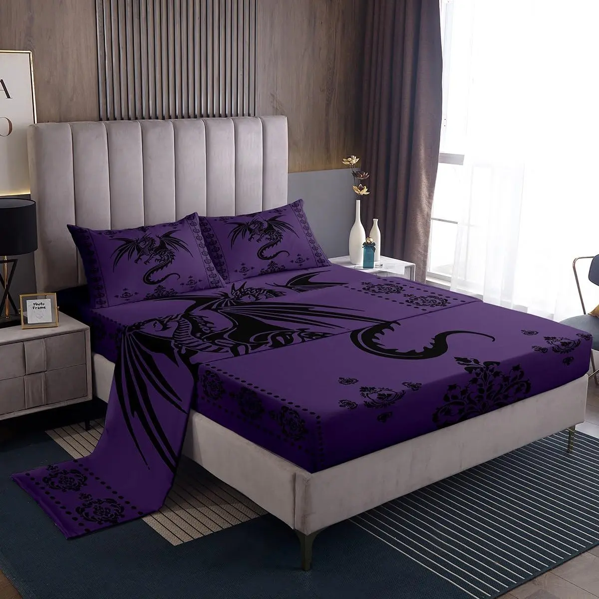 Feelyou Dragon Bedding Set - Gothic Damask, Bohemian Exotic Style, Breathable Twin Sheets with Flat Sheet, Paisley Floral Design, Animal Theme Room Decor, Purple Black (for Boys), Breathable Sheets