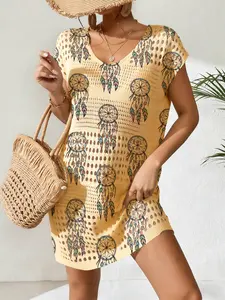 Women's Elegant Ethnic Feather Dreamcatcher Print Knit Dress, Casual Round Neck Short Sleeve, All Seasons Wear, Daily Versatile Clothing