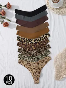 5/6/10/20 Pcs Sexy Comfortable Everyday Leopard Print Plain Women's Low Waist Thongs, Slim-Fitting Drop Waist Underwear for All Seasons Soft Comfy Panties