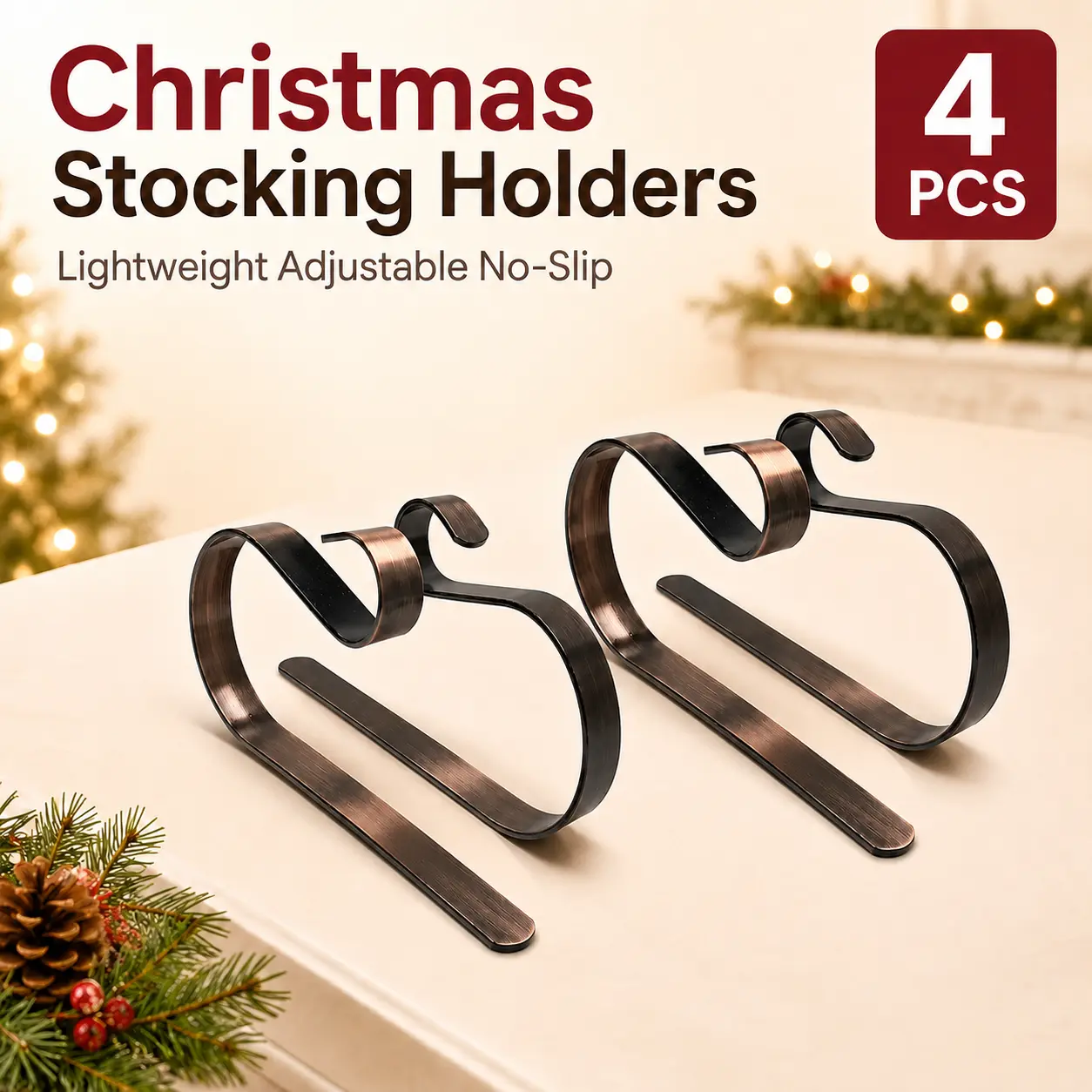 Christmas Stocking Holders Lightweight Adjustable Stocking Holder No-slip Stocking Hangers for hanging Christmas Day Gift, 4 Pcs Pack Bronze Decor Ornaments Decoration Set