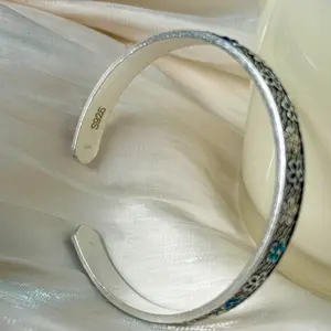 Vintage S925 Sterling Silver Women's Floral Bracelet — Retro Engraved Open Cuff (Accented with Blue Enamel), Adjustable Wrist Jewelry