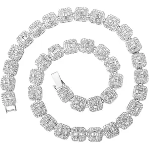 Men's Bling Empire Iced Out Chains, Silver and Gold Diamond Tennis Necklaces, Hip Hop Baguette Tennis Chains, 16 to 30 Inches