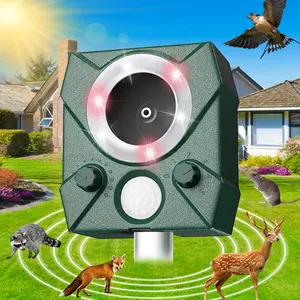 Solar Powered Ultrasonic Animal Repeller with Adjustable Frequency, LED Flash & Voice Alarm, Motion Sensor Night Pest Control for Garden & Farm