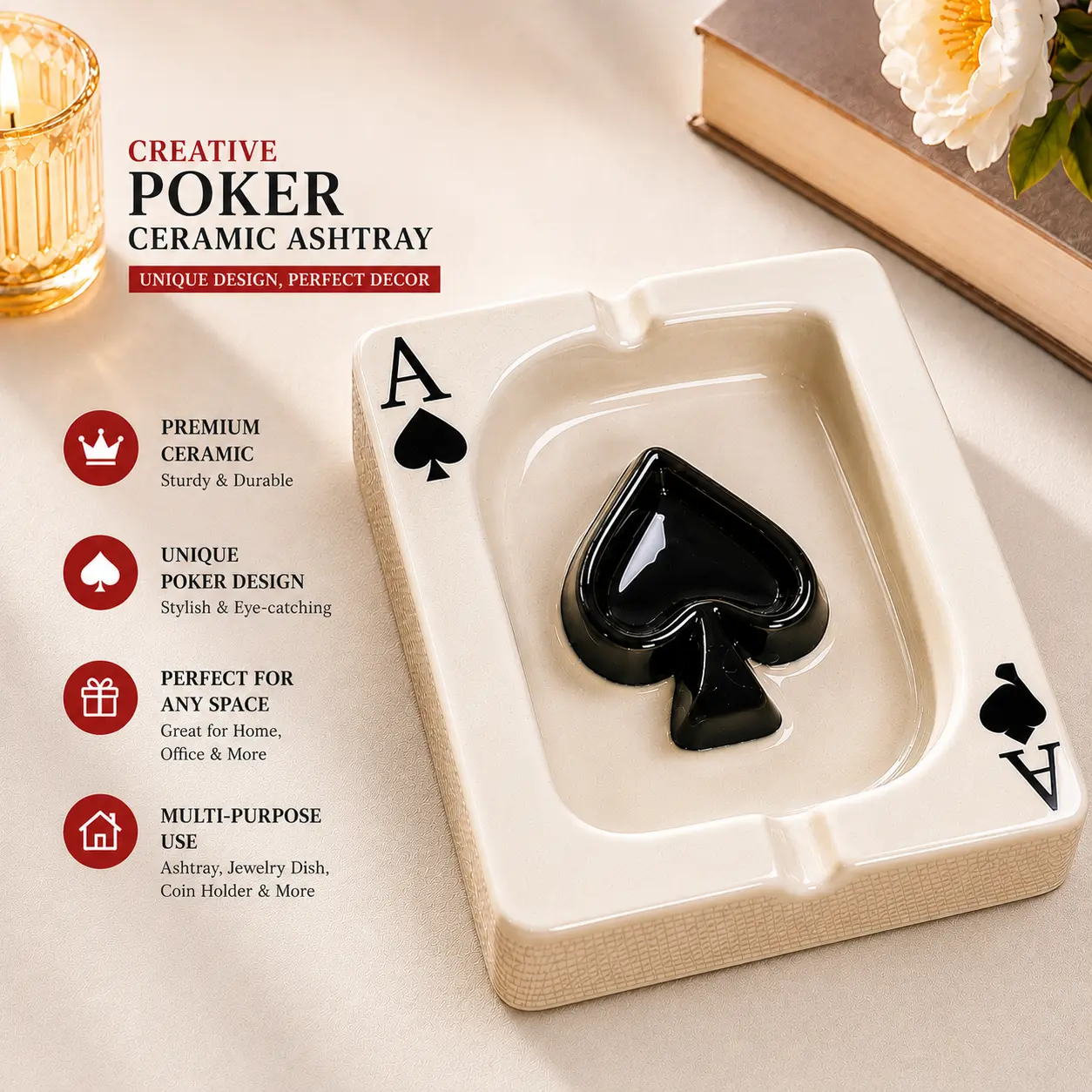 Creative Poker Ceramic Cigarette Ashtray Tabletop Portable Modern Ashtrays for Outdoor Indoor Desktop Smoking AshTray for Home office Fashion Decoration Handmade Gift for Men Women